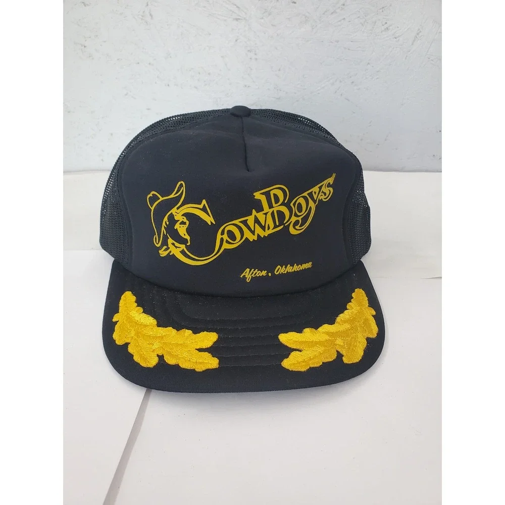 Vintage Cowboys Afton Oklahoma Trucker Hat Black Yellow Mesh Snapback Cap